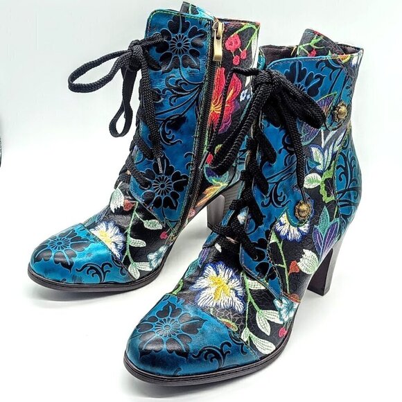 Blue Floral Leather Embossed Lace-Up Side Zip Ankle Boots - Size 39
